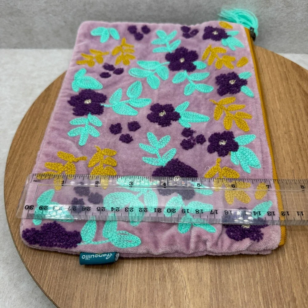 Tranquillo Velvet Floral Embroidered Pouch Purple Boho‎ Makeup Bag Cosmetic Case